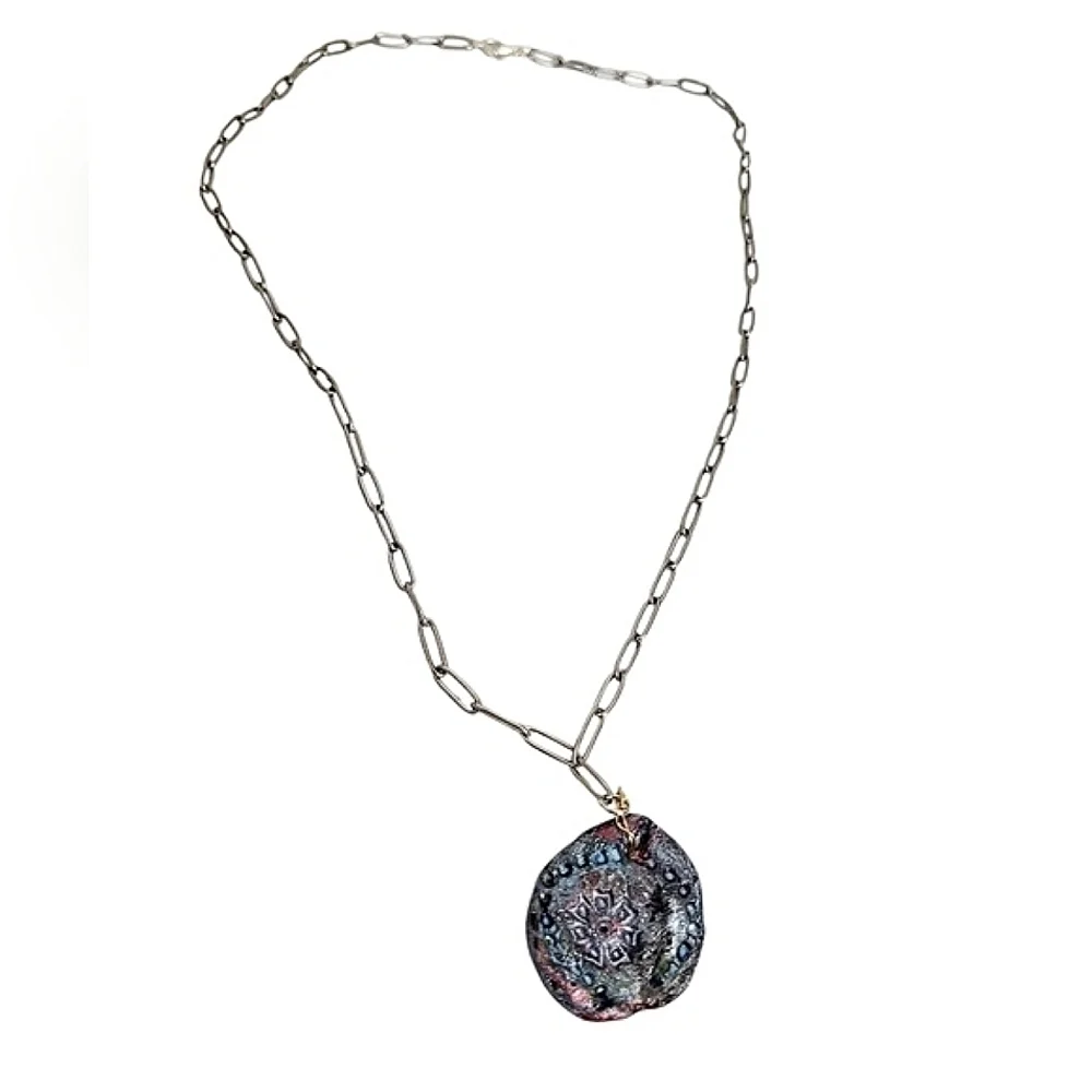 Flower Vintage Pressed Button Stainless Steel Paper Chip Chain Pendant Necklace